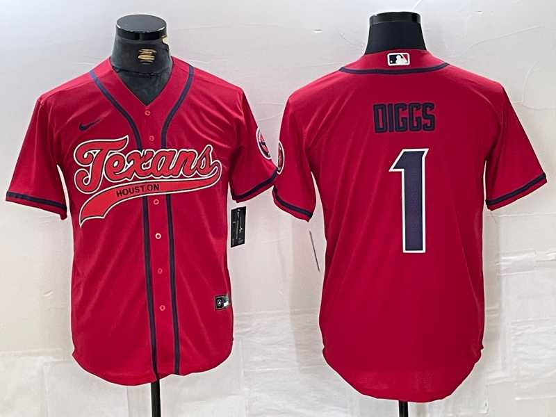 Mens Houston Texans #1 Stefon Diggs Red With Patch Cool Base Stitched Baseball Jersey